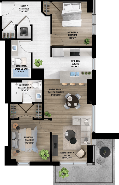 Floor plan for 2 beds, 2 baths, 1301 sqft